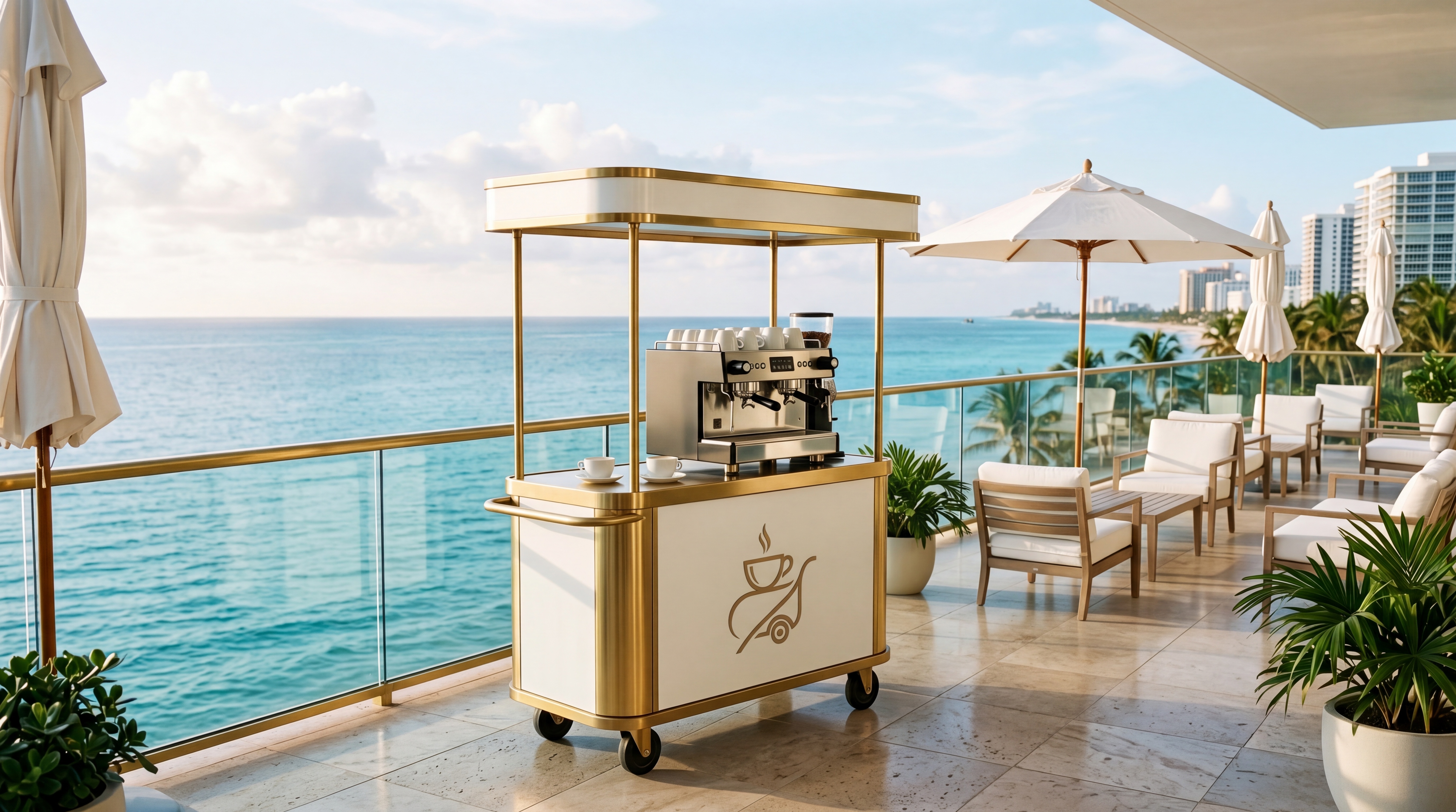 Alessandras Coffee cart on a South Florida beachfront hotel terrace