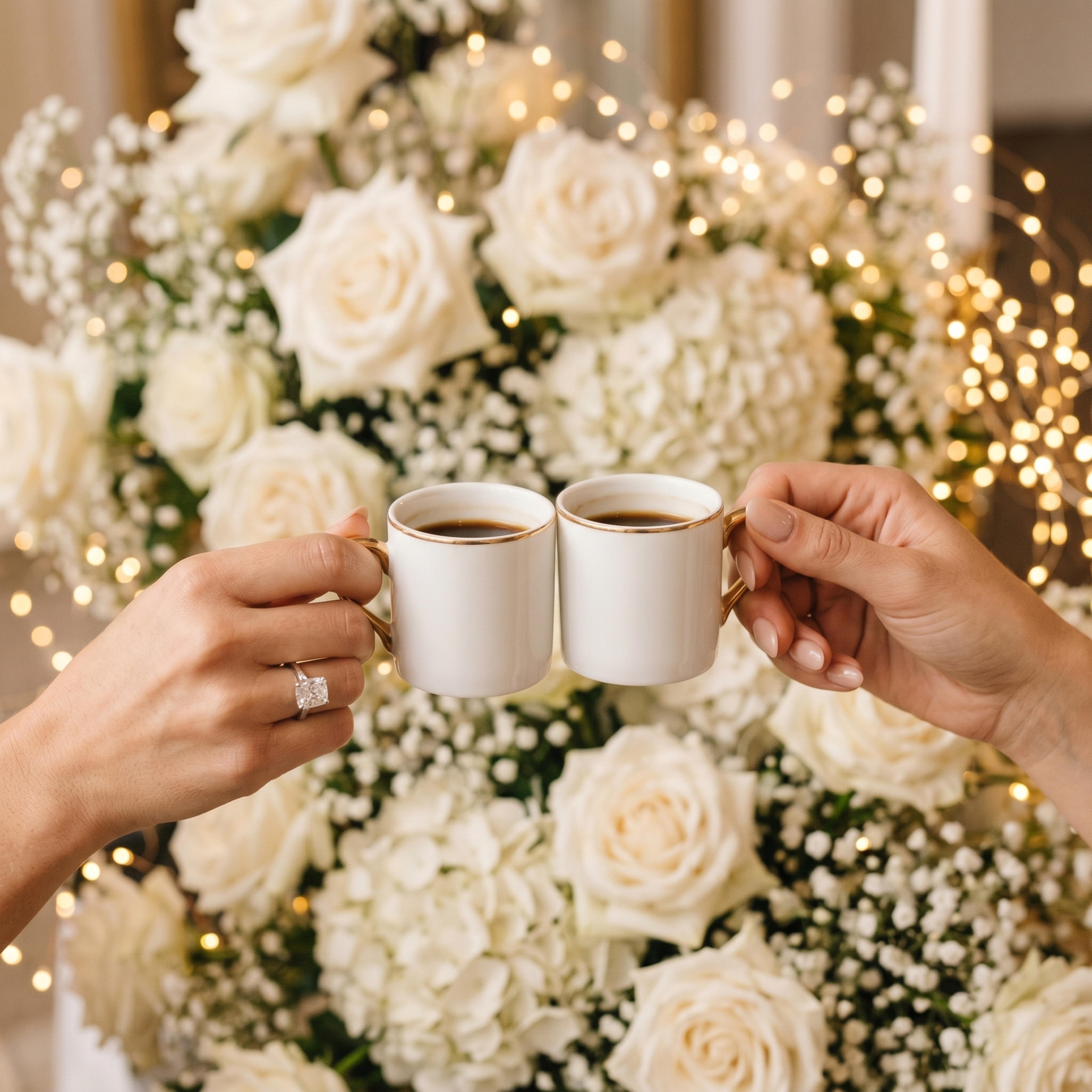 Bride and guest holding espresso cups at a South Florida wedding