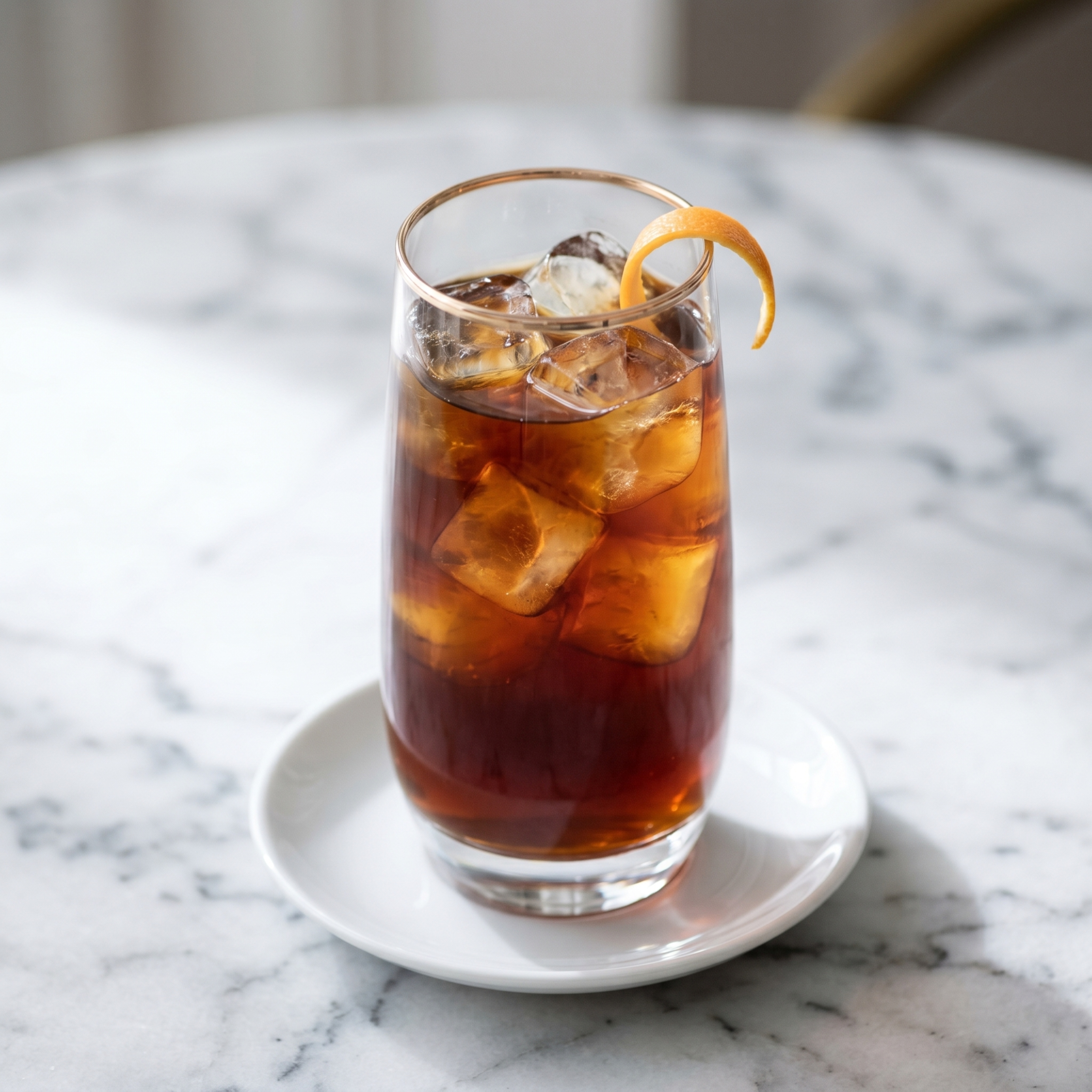 Cold brew coffee served over ice with orange peel at a luxury event