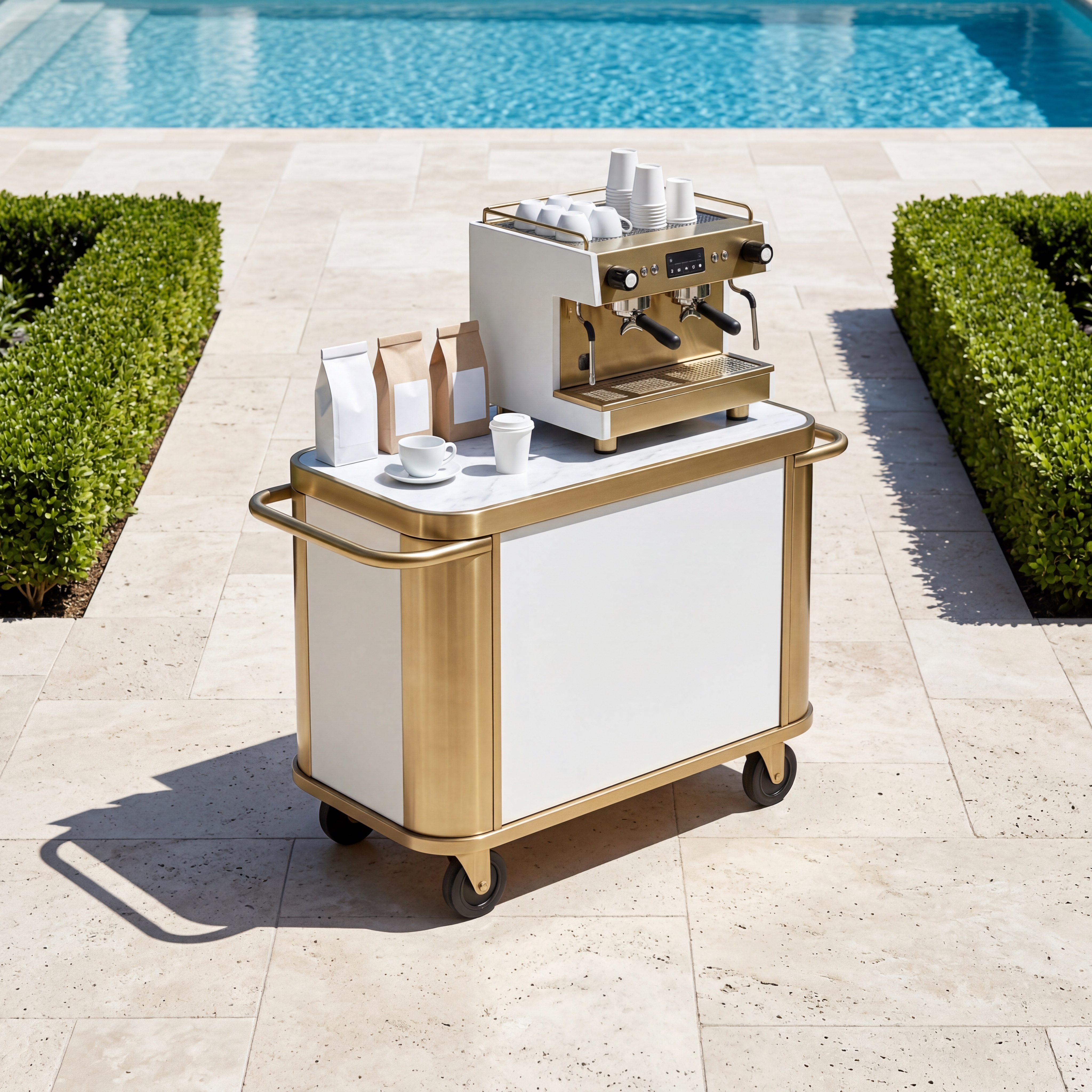 Mobile espresso cart on a Palm Beach estate patio