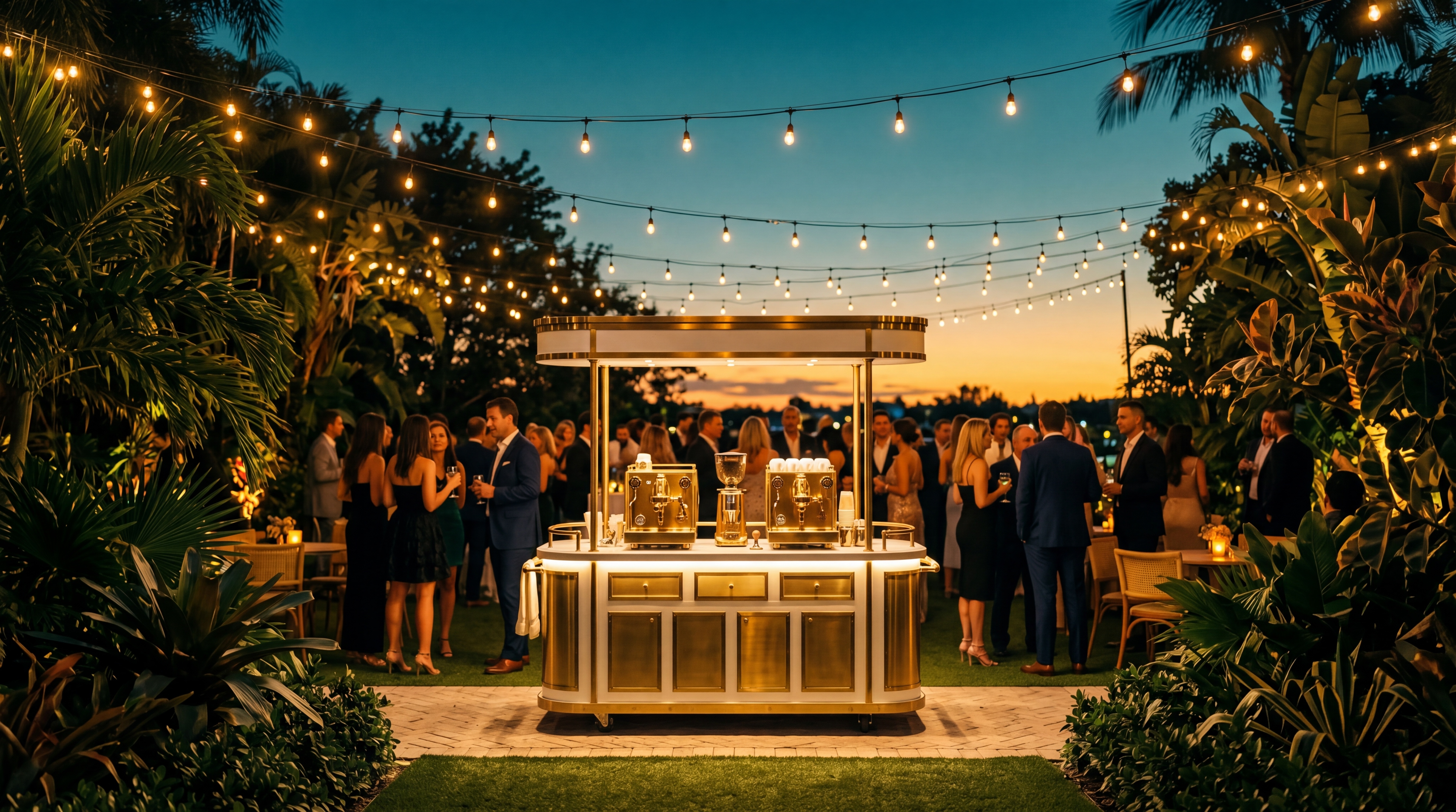 Luxury espresso cart at a Miami garden party at dusk