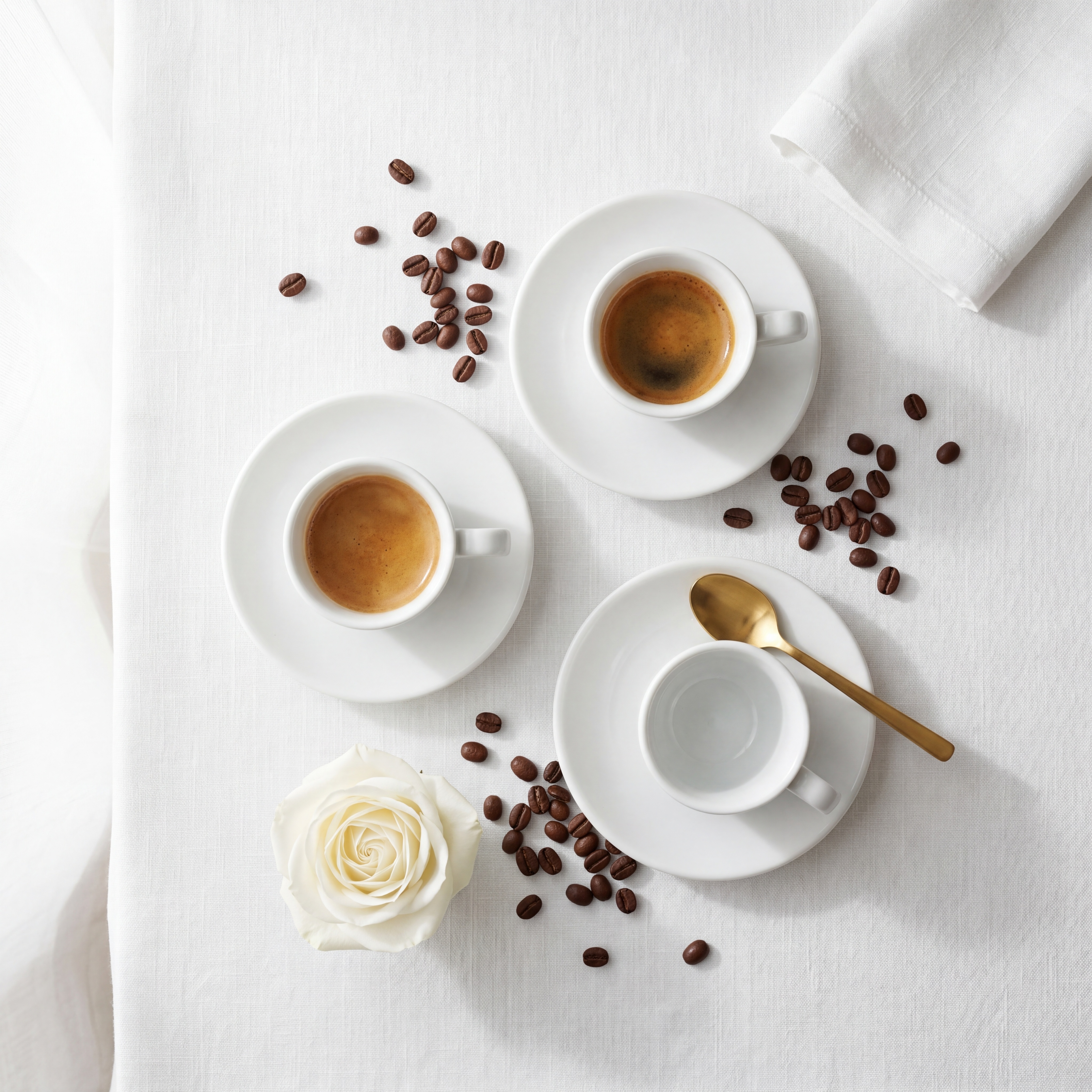 Overhead flat lay of luxury espresso service on white linen