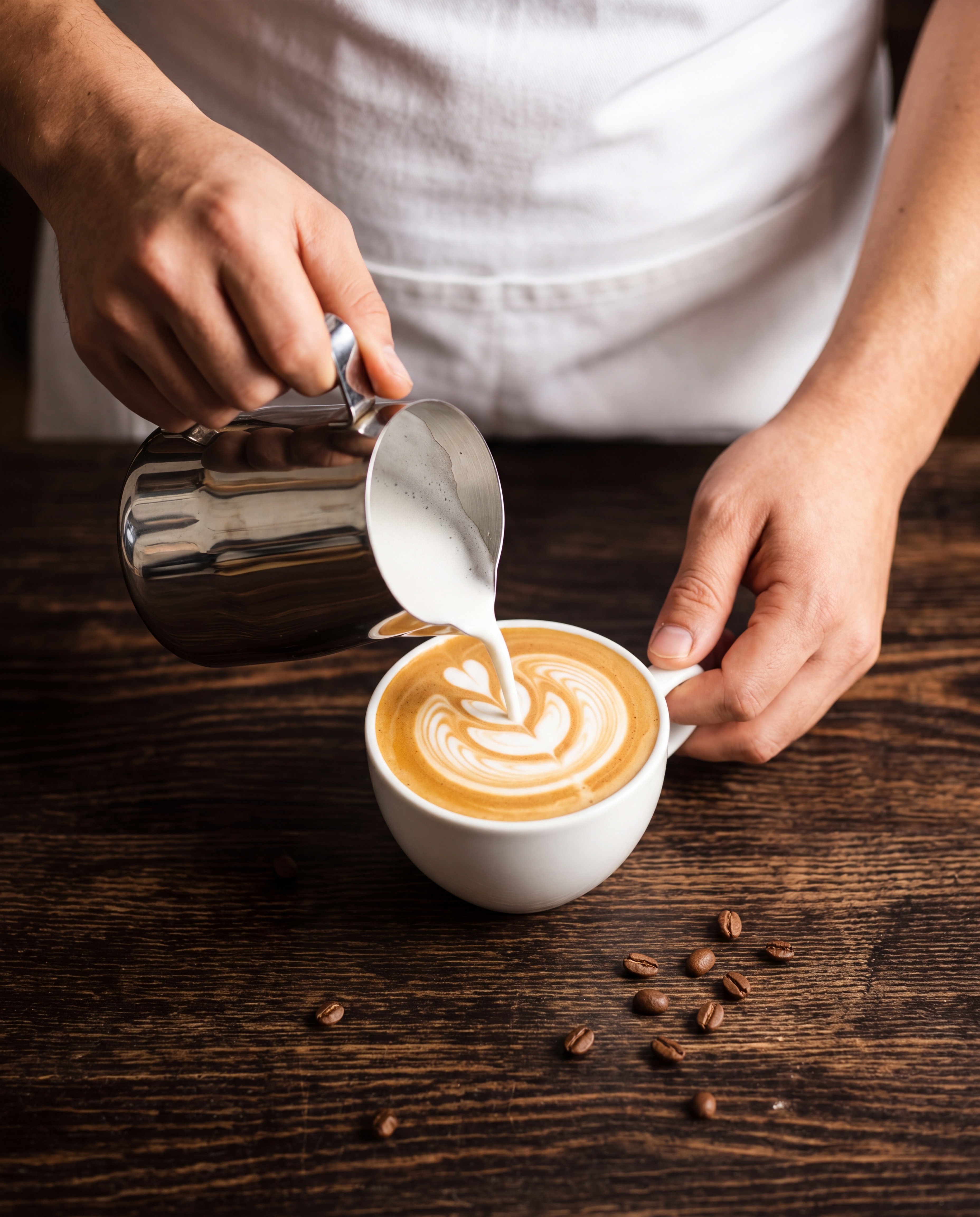 Barista pouring tulip latte art at an Alessandras Coffee event
