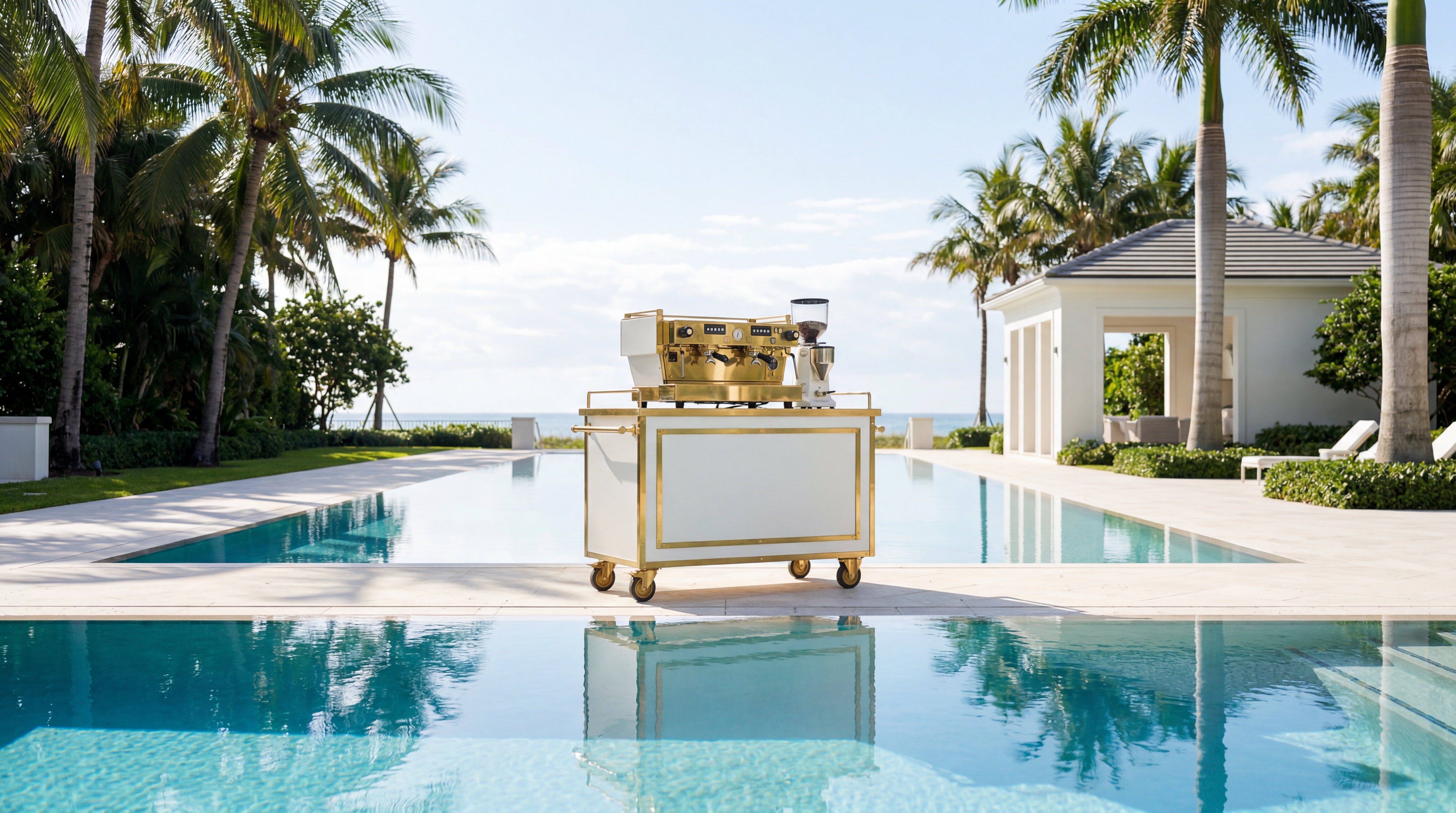 Luxury mobile espresso cart beside an infinity pool at a Palm Beach estate
